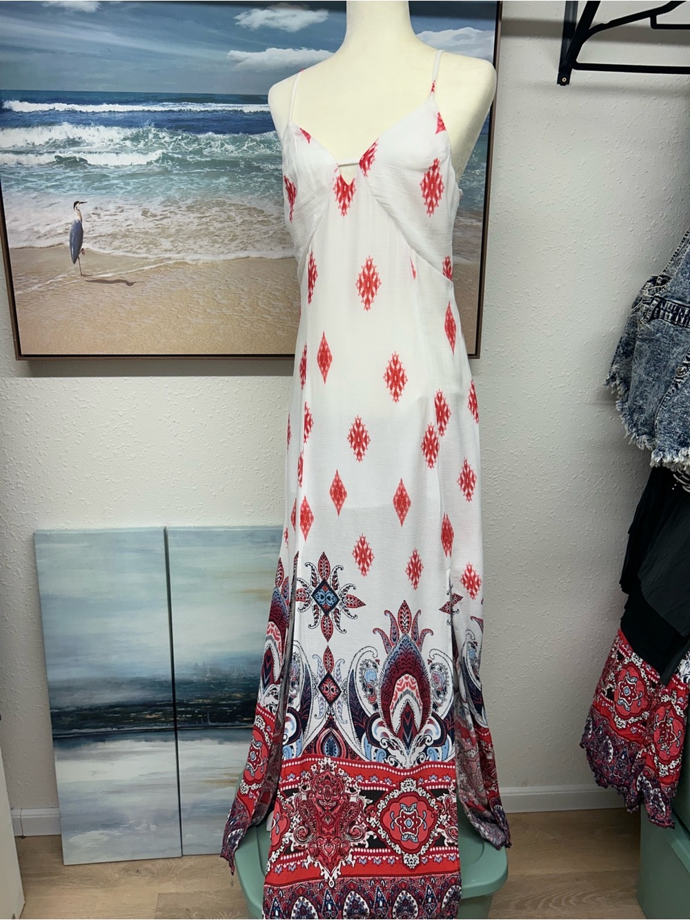 Mustard Seed White Maxi Dress with Red Paisley Border